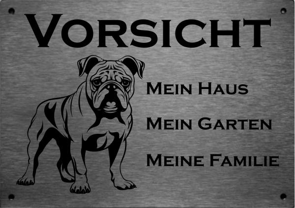 Edelstahl Hundeschild Bulldogge VORSICHT Mein Haus mein Garten meine Familie
